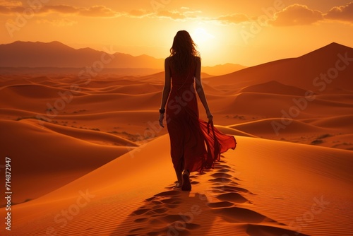 A lone woman traverses the vast desert landscape, her footsteps carving a path through the singing sands of the sahara as the sun sets behind the majestic mountains, creating a stunning aeolian landf