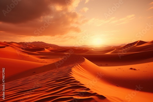 A majestic sand dune rises against the vast desert landscape, its aeolian form singing in the wind as the sun sets behind a mountain, creating a stunning natural environment