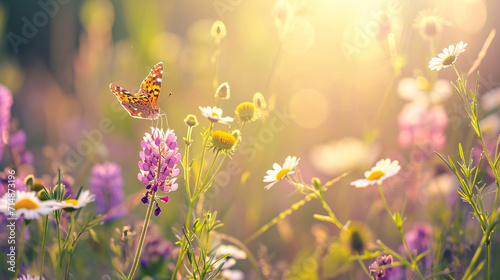 Beautiful wild flowers chamomile, purple wild peas, butterfly morning haze. AI Generative