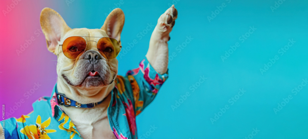 A French Bulldog sports a floral shirt and cool shades, raising a paw in a playful greeting against a vibrant gradient background