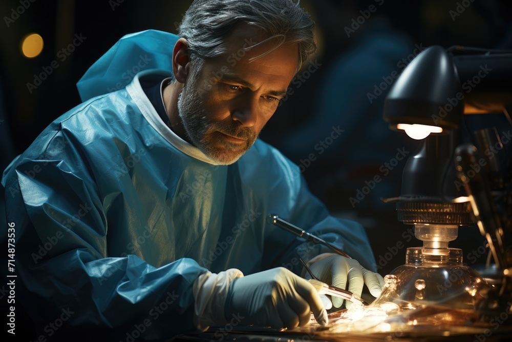 A focused man in a sterile gown meticulously tinkers with a glowing light, the intensity of his gaze matching the precision of his metalworking tools