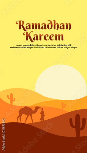 illustration of a man walking with a camel in a desert and a sunset. background and banner ramadan the holy month.