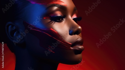 Dramatic Red Light Beauty Portrait. African woman's profile against a dramatic red backdrop.
