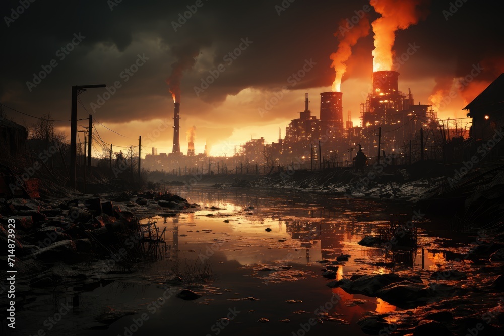Fototapeta premium A fiery factory pollutes the sky, engulfed in a natural disaster as smoke fills the outdoor air at sunset, leaving behind a destructive trail of heat and fire