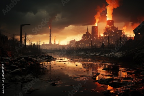 A fiery factory pollutes the sky, engulfed in a natural disaster as smoke fills the outdoor air at sunset, leaving behind a destructive trail of heat and fire
