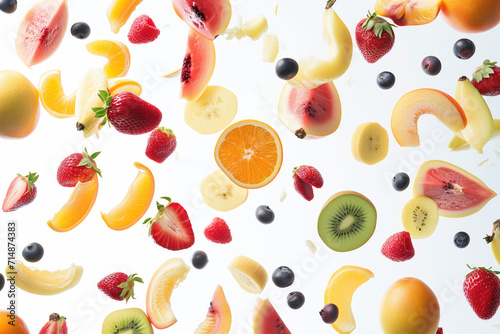 Juicy ripe mix of fruits flying on white background