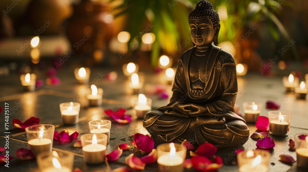 Tranquil Buddha Statue Amidst Candlelight.
A tranquil Buddha statue sits amidst a soft candlelight ambiance with scattered rose petals.