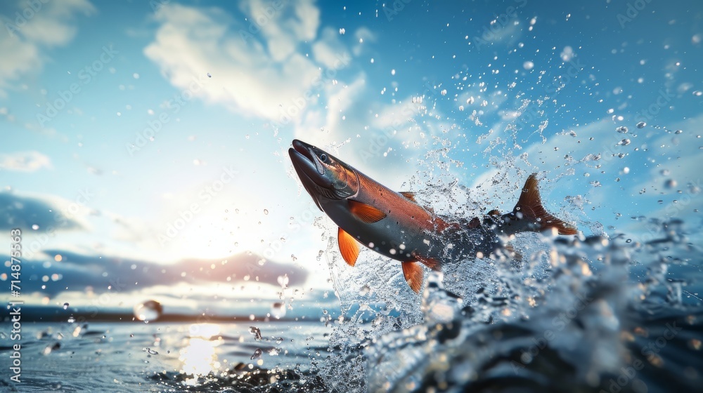 Fototapeta premium Ocean Leap: Salmon Jumping at Sunset. A vibrant salmon leaps from the ocean against a stunning sunset backdrop, creating a dynamic splash.
