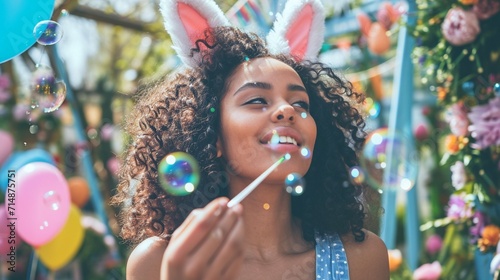 A joyful woman in bunny ears blows bubbles in a garden filled with Easter decorations