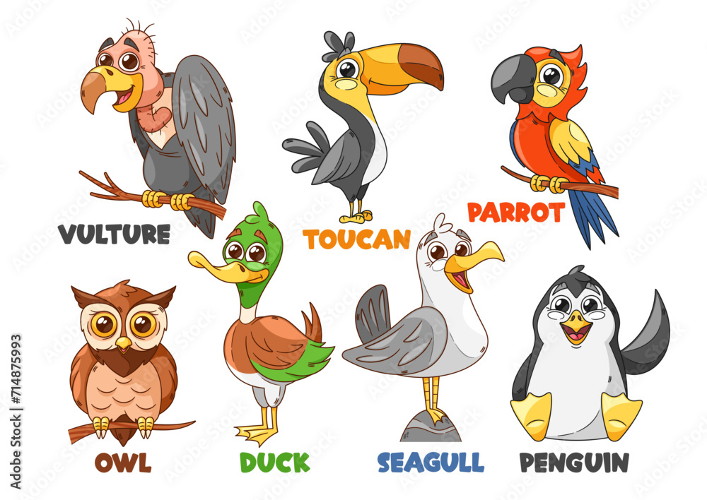 Cartoon Funny Bird Characters. Vulture, Toucan, Parrot and Owl, Duck, Seagull or Penguin Colorful Cute Avian Personages