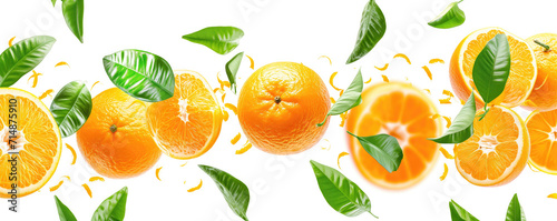 Juicy ripe oranges with green leaves flying on white background