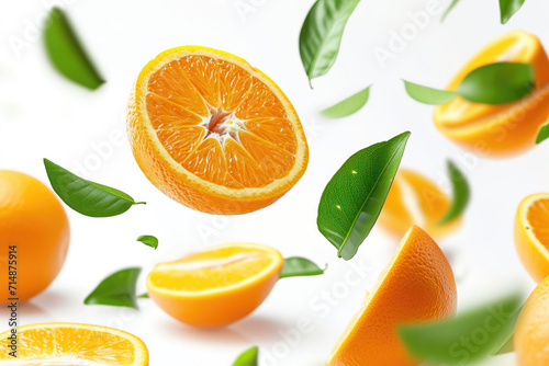 Juicy ripe oranges with green leaves flying on white background