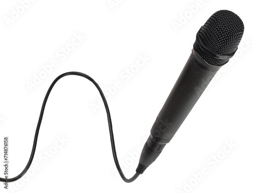 Closeup black Microphone with long wire isolated clipping path on white background