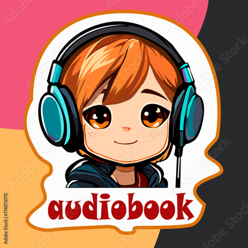 Cute cartoon girl listens to an audiobook with headphones. Vector illustration for the design and creation of stickers, emblems, websites for audio lovers