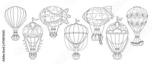 Hot Air Balloons In Various Designs, Monochrome Linear Vector Icons Set, Capturing Whimsical Essence Of Flight