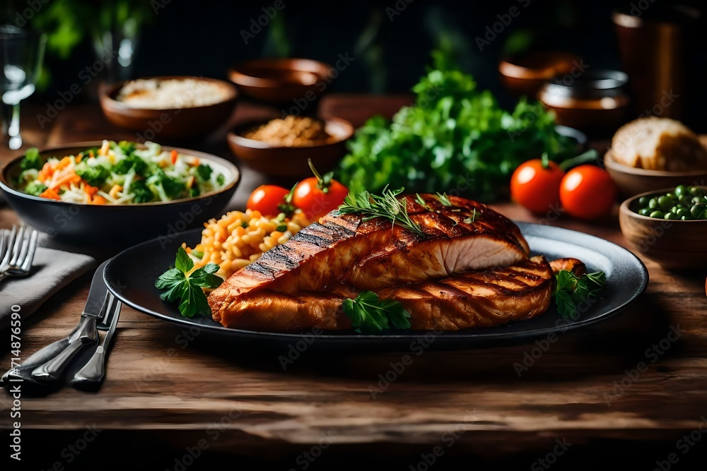 grilled salmon steak with vegetables