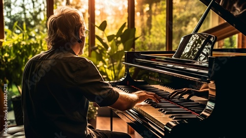 Мужчина играет на рояле в светлой комнате с панорамными окнами, через которые проникает живописный солнечный свет, освещая комнату и растения вокруг.
