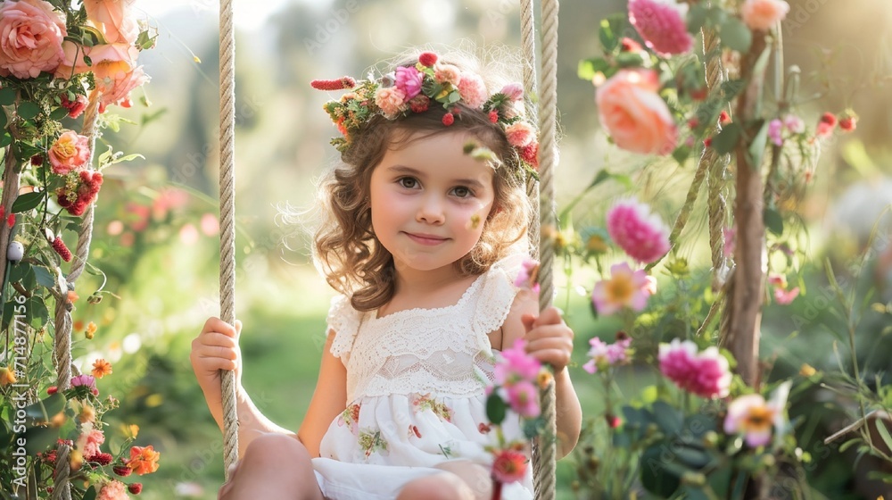 Single child sitting on a swing adorned with Easter flowers, enjoying a peaceful moment in a backyard garden