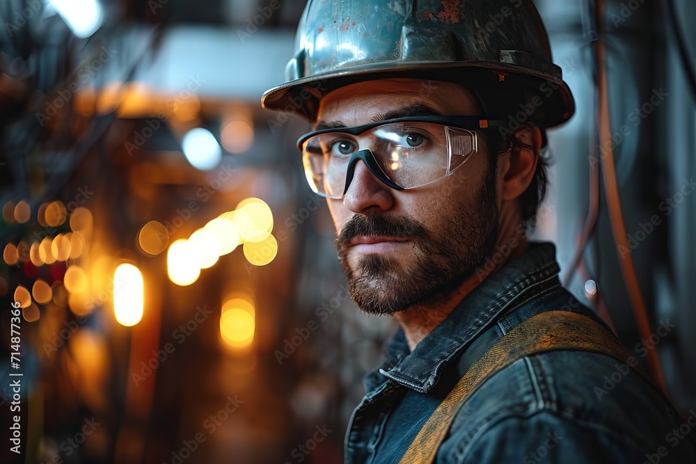 worker in a safety helmet standing in an industrial room with a background of windows and lamps. Concept: physical labor and engineering activities in a factory worker in a safety helmet standing in an industrial room with a background of windows and lamps. Concept: physical labor and engineering activities in a factory