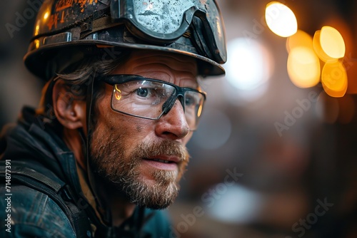man with a graying beard, dressed in a work uniform with an orange safety helmet on his head. Traces of dirt and oil are visible on the face. Concept: physical labor and engineering activities