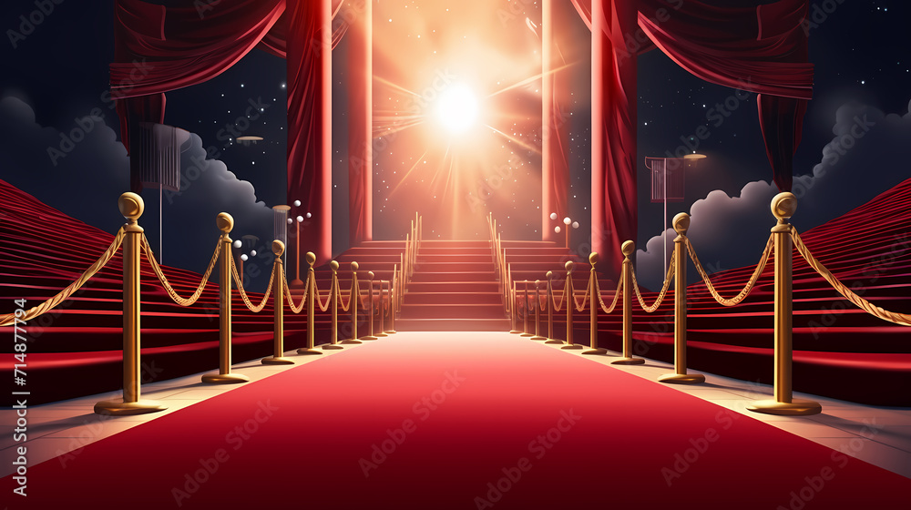 Obraz premium Red carpet staircase with smoke and spotlights, holiday awards ceremony event