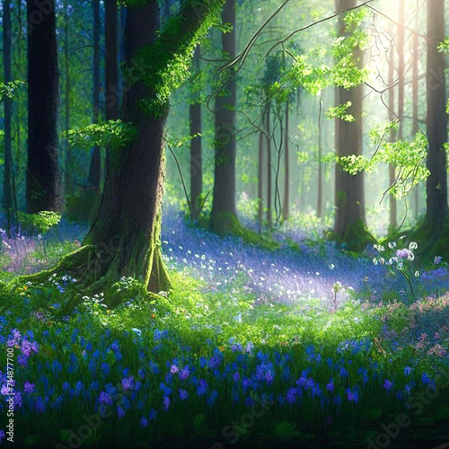 Beautiful sunny summer morning in magic forest. Forest in the morning in the sun, trees in a haze of light, glowing fog among the trees.