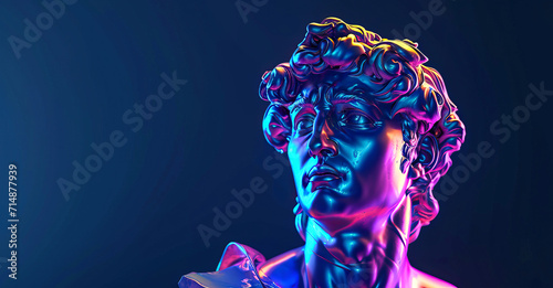 3D render of the head of a statue of David in holographic neon light on a dark blue background web banner with copy space