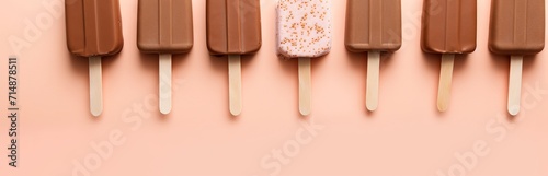 Ice creams on a stick of different colors and flavors are lined up on a light green background. Concept: Children's summer treat. Cold dessert without sugar or substitutes. Copy space 