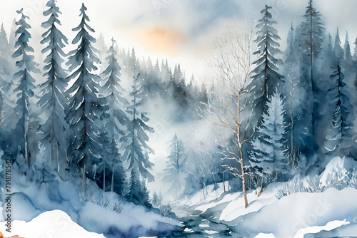 Watercolor illustration of mountainous landscape with pine trees among the mist. Wild nature in winter. AI Generated © Gabriel