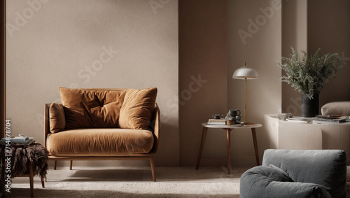 A cozy living room with a plush armchair leaning against a textured wall. generative AI