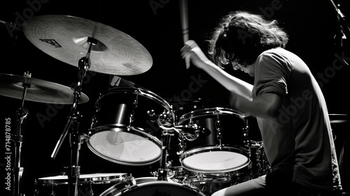 The drummer in black and white plays the drum kit with intense and dynamic movement, creating the feel of a classic musical performance.