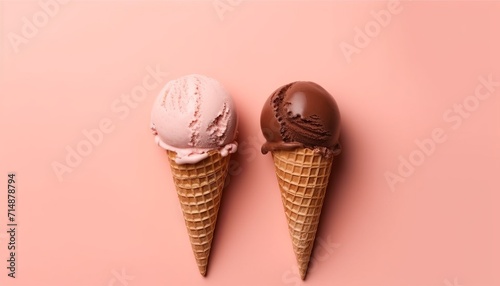Soft chocolate ice cream in a waffle cone on a plain pink background. Cold dessert without sugar or substitutes. Copy space
 photo