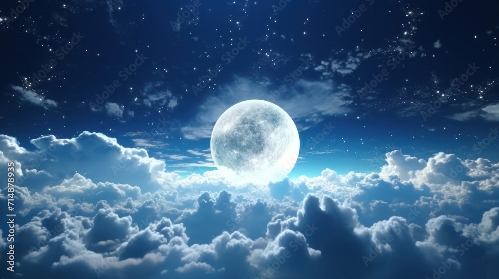 Animated Moon and Realistic Flight over Cumulus Lush Clouds in Night Moonlight with City and Halloween Magic Aerial.