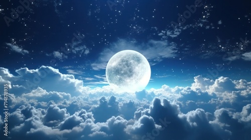 Animated Moon and Realistic Flight over Cumulus Lush Clouds in Night Moonlight with City and Halloween Magic Aerial.