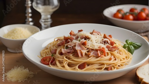 spaghetti with tomato sauce,Pancetta bacon, tomatoes, and pecorino cheese are added to spaghetti alla matriciana.