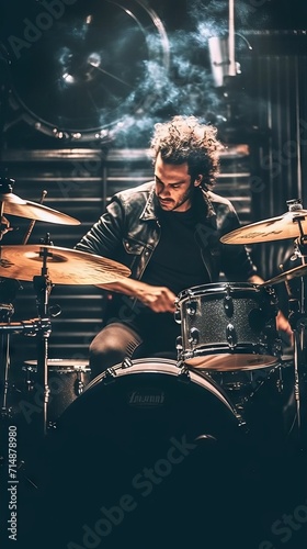 A drummer with slicked-back hair plays on stage under dramatic lighting, creating a breathtaking spectacle