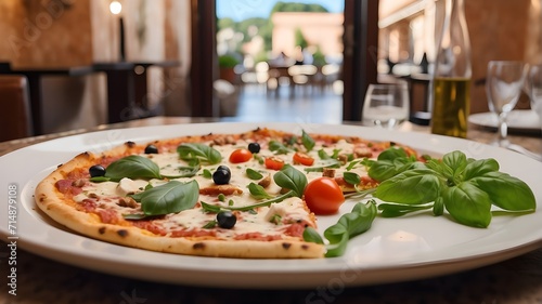 pizza with tomatoes and basil,A meal in July.In a restaurant in Rome, they serve pizza, pasta, and handcrafted meal arrangements.Delicious and genuine Italian cuisine.5