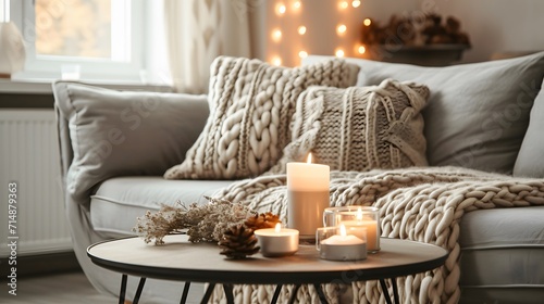 Beige chunky knit throw on grey sofa. Сoffee table with candles against fireplace. Scandinavian farmhouse, hygge home interior design of modern living room. Warm and inviting winter atmosphere. 