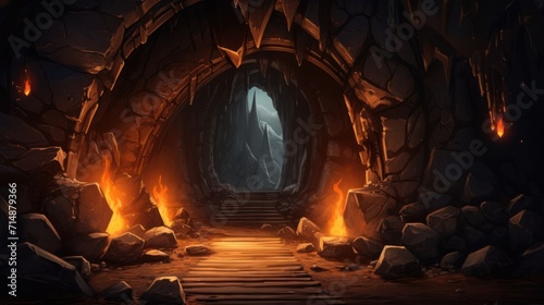 Abandoned Cartoon House and Magic Stone Cave Entrance with Burning Fire, Rocky Tunnel and AI Generated Light at the End photo