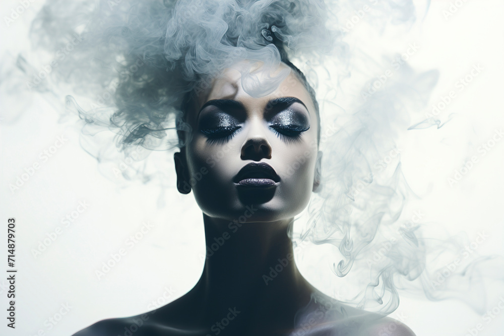 Beautiful woman's face in smoke. Woman face silhouette from smoke. Woman's face in vape smoke. Head of a beautiful woman in cigarette smoke. Vape light.