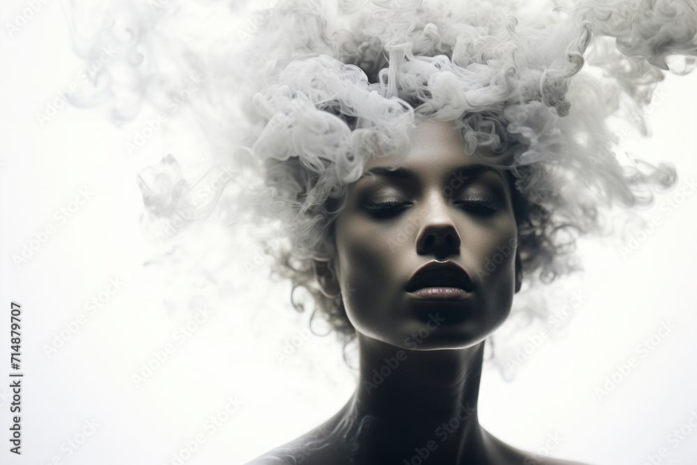 Beautiful woman's face in smoke. Woman face silhouette from smoke. Woman's face in vape smoke. Head of a beautiful woman in cigarette smoke. Vape light.
