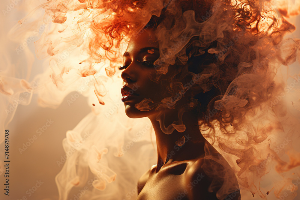 Beautiful woman's face in smoke. Woman face silhouette from smoke. Woman's face in vape smoke. Head of a beautiful woman in cigarette smoke. Vape light.