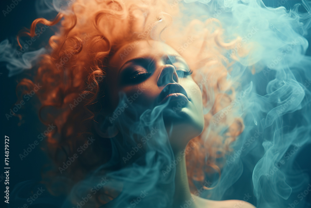 Beautiful woman's face in smoke. Woman face silhouette from smoke. Woman's face in vape smoke. Head of a beautiful woman in cigarette smoke. Vape light.