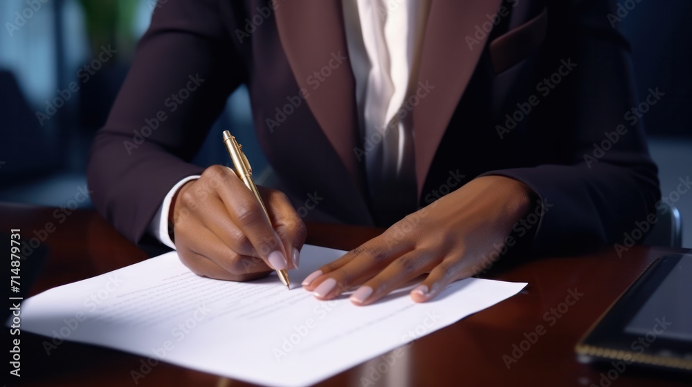 African American woman's script, A dark-skinned lady putting her signature on an official or business paper. AI system that generates. African American woman's script, A dark-skinned lady putting her signature on an official or business paper. AI system that generates.