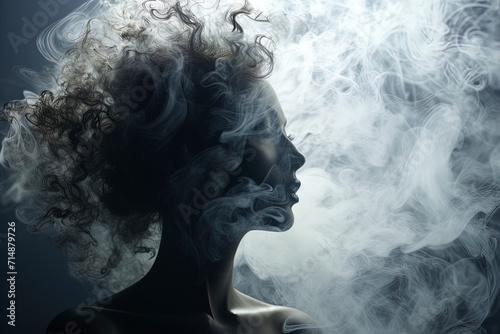 Beautiful woman's face in smoke. Woman face silhouette from smoke. Woman's face in vape smoke. Head of a beautiful woman in cigarette smoke. Vape light.