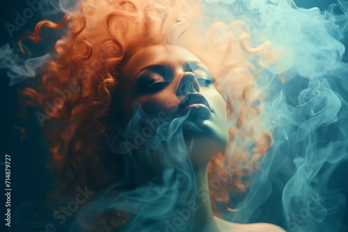 Beautiful woman's face in smoke. Woman face silhouette from smoke. Woman's face in vape smoke. Head of a beautiful woman in cigarette smoke. Vape light. photo