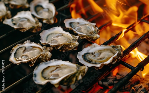fresh oysters on grill with fire