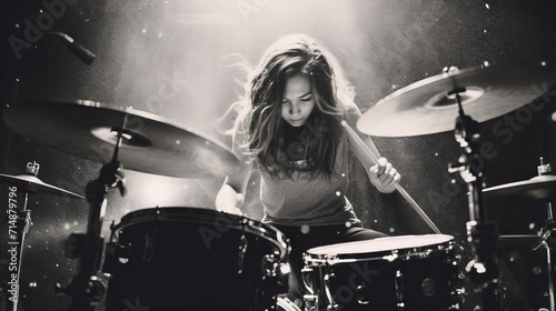 The Arab girl, caught in the moment, hits the cymbals with powerful energy on stage, surrounded by glare of light photo