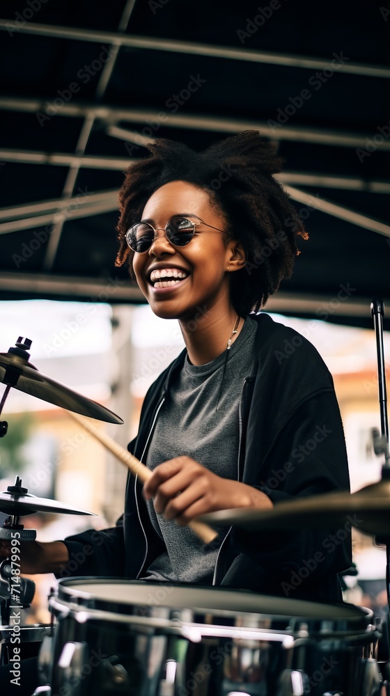 A smiling drummer with glasses plays the drums, her smile reflects the joy and energy she gets from the music.