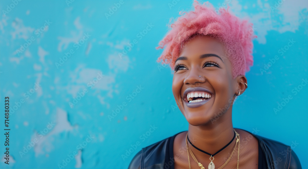 A young woman with pink hair smiling, radiating joy and confidence. young laughing African american woman with pastel pink hair, blue eyes, peace gestures funny facial expressions